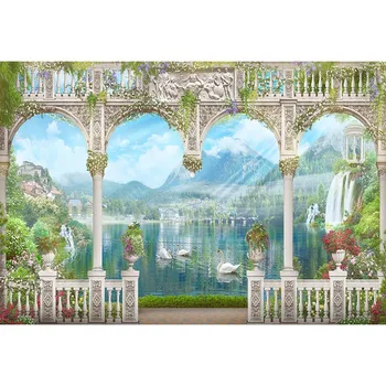 

Lakeside Scenery Photography Background White Swan House On The Hill White Fence And Stone Pillar Backdrop For Studios Props