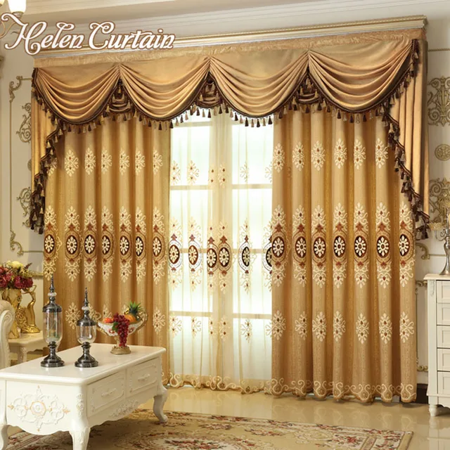 Online Helen Curtain Set Luxury European Style Embroidered Helen Curtain Set Luxury European Style Embroidered Curtains For Living Room Window Color Brown Valance Bedroom V 06