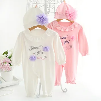 

New Fall Baby Girl Cotton Lace Romper Jumper Overall with Floral Cap Sweet Baby Girl Present Infant Clothes Born 3m Gift