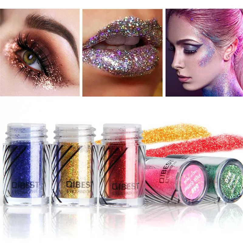 

Qibest Holographic Glitter Shimmer Powder Pigment Shiny Face Body Glitter Eye Make up Sequins Body Festival Makeup with Glue