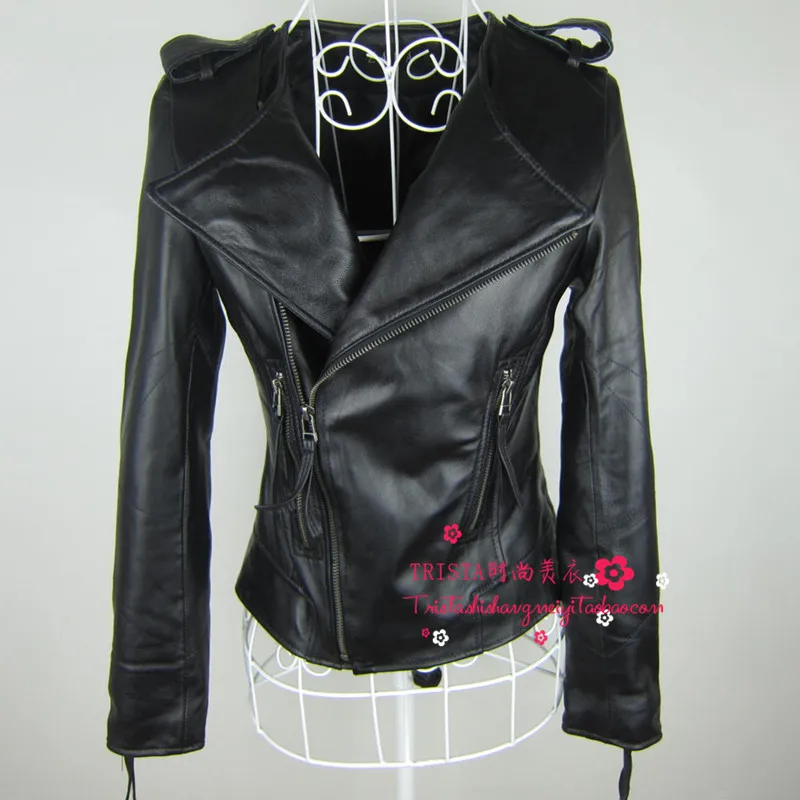  2015 spring slim short design genuine leather clothing female o-neck sheepskin leather jacket outer