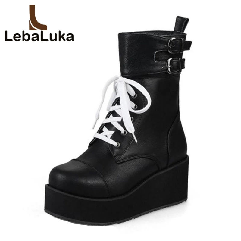 

Tuyoki Size 34-46 Women High Wedges Boots Metal Buckle Lace Up Fur Winter Ankle Boots Fashion Classic Warm Women Shoes