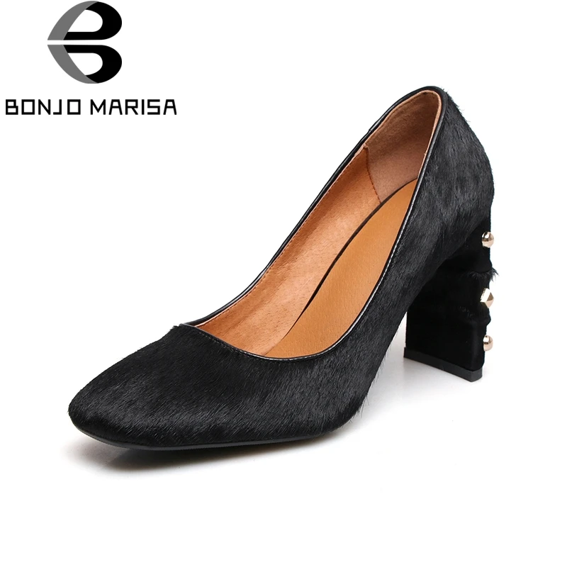 

BONJOMARISA 2018 Fashion Rivet Large Size 34-42 Horsehair Slip On Chunky High Heels Women Shoes Woman Office Party Wedding Pump