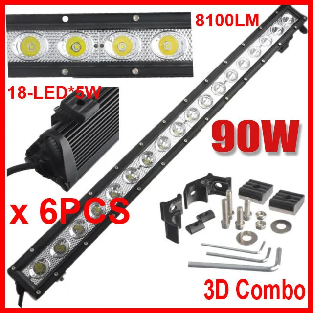 

6PCS 29.5" 90W CRE 18LED*5W Driving Work Light Bar Offroad SUV ATV 4WD 4x4 Spot / Flood / Combo Beam 9-32V 8100lm Single Row