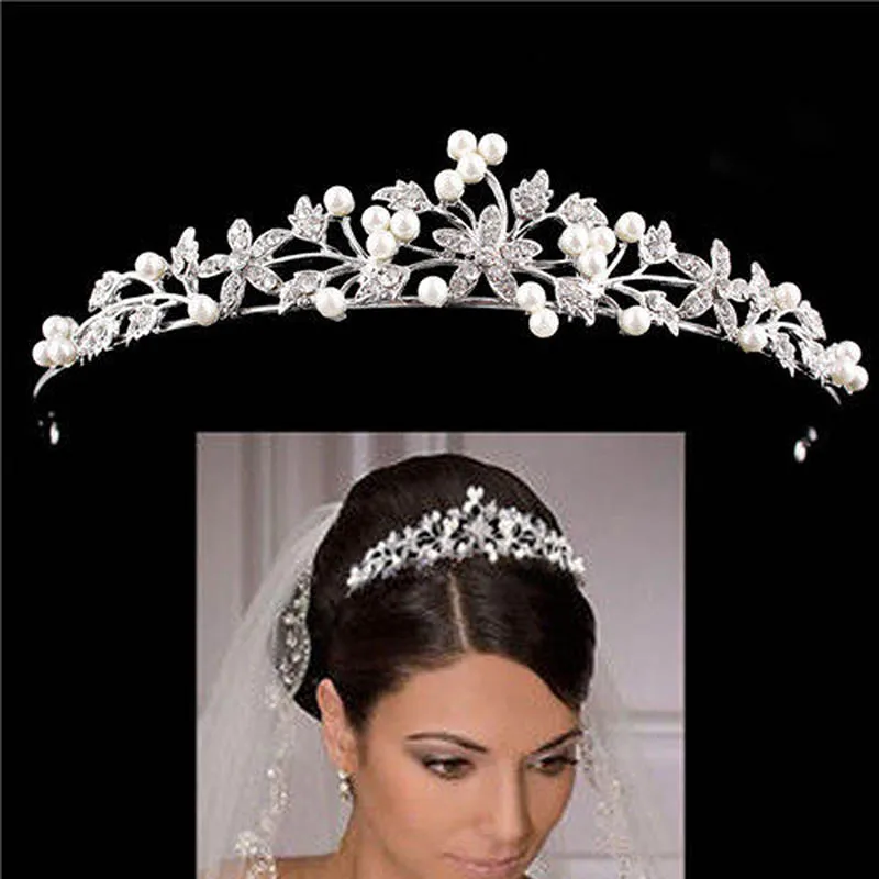 European Crystal Pearl Bridal Wedding Tiaras and Crowns Hair Ornaments Head Decorations Rhinestone Bride Headpiece Sadoun.com