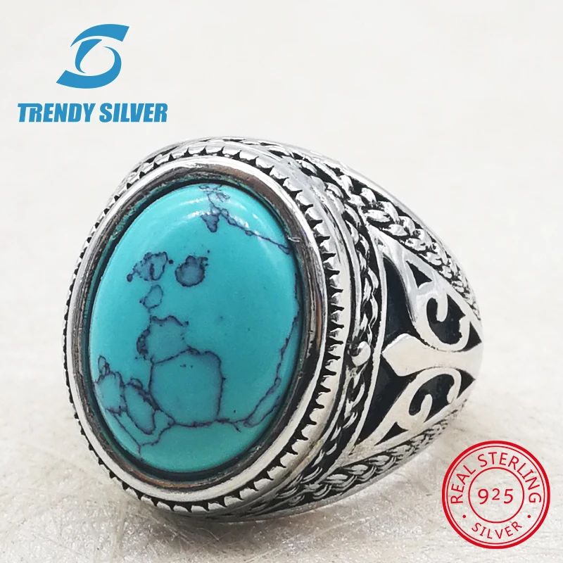 Серебро 925, хорошее ювелирное изделие, мужские кольца, мужские аксессуары, бирюзовый драгоценный камень, натуральный черный оникс, красный агат,, Трендовое серебро TCR405 - Цвет камня: turquoise