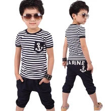 

Summer Kids Clothes, Navy Short Sleeve Pullover Striped Sports Suit, Hot Sale New 2017 Casual Boys Clothing set