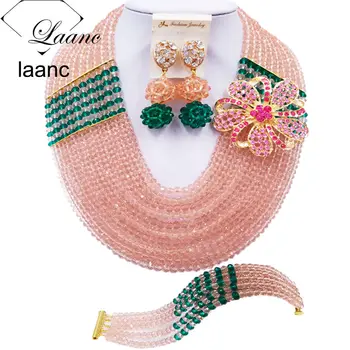 

Laanc Fashion Women's Wedding Bracelet Necklace Jewelry Set Peach and Army Green African Beads C22P055
