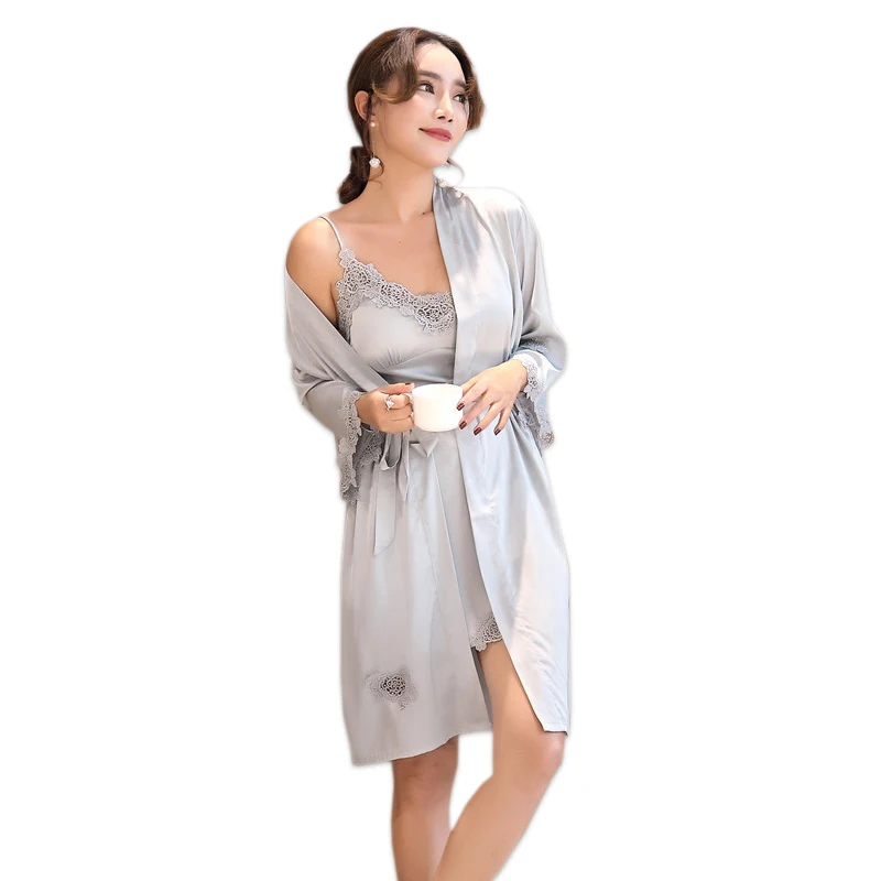 Summer Sexy silk satins night gown and robe set women Ice silk 2 piece