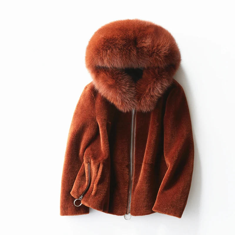 Gours Genuine Shearling Jackets Women Natural Wool Real Fur Overcoats with Fox Fur Hooded Thick Warm In Winter New Arrival 1018