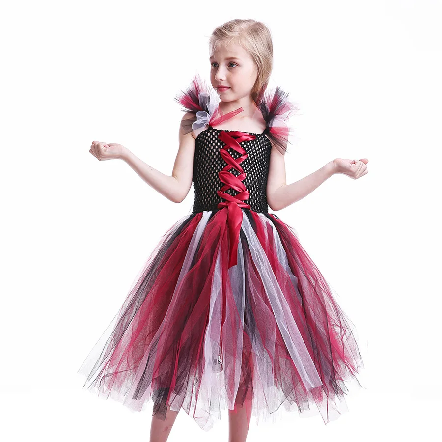 Black Wine Kids Halloween Purim Costume Evil Queen Inspired Girls Handmade Tutu Dress with Horns Children Scary Bow Gown (1)