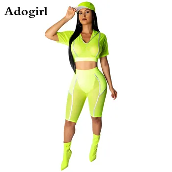 

Fluorescence Stripe Yellow Women's Sports Two Piece Set Short Sleeve Hooded V-neck Crop Top +Knee Length Pants Casual Tracksuit