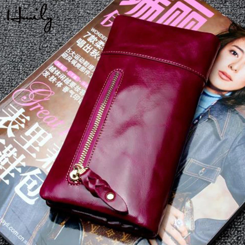

HMILY Genuine Leather Wallet Women Long Designer Fashion Female Wallet Oil Wax Leather Ladies Card Holder Zipper Coin Pocket