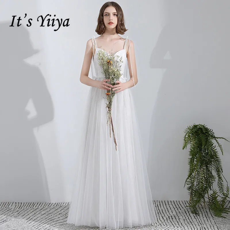 

It's YiiYa Wedding Dress Spaghetti Straps V-neck Pregnant White Bridal Gowns Tie Bow Lace Up Floor Length wedding dresses G004