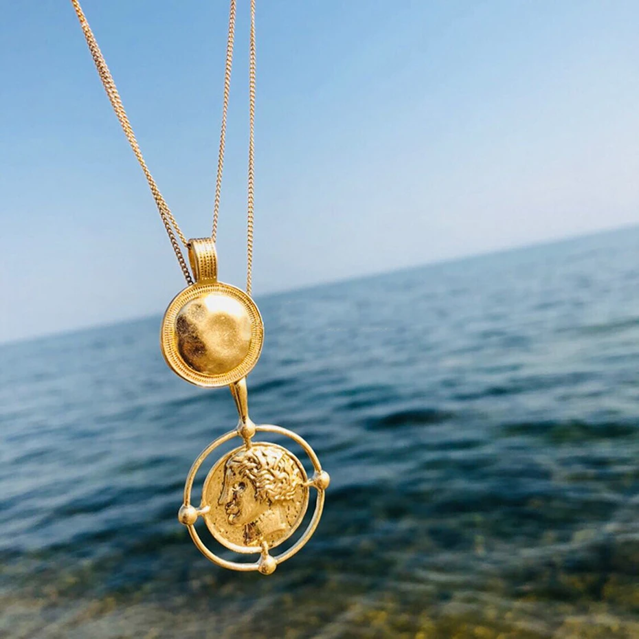 EVERLEAD Vintage Gold Color Carved Coin Necklace Figure Medal Long Chain Double Layered Necklace Pendant Personalized Women Choker (2)