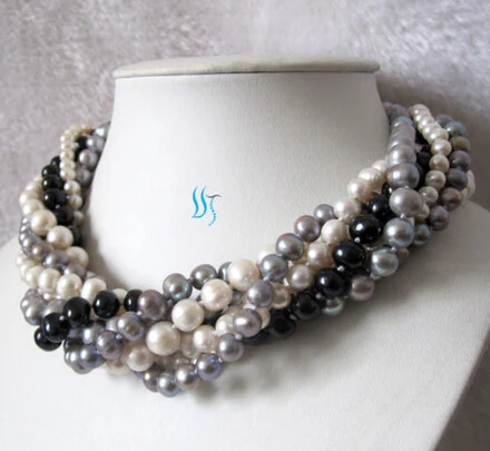 

free shipping>>@@ JY&33049 18" 7Row 4-10 WhiteGrayBlack Freshwater Pearl Necklace
