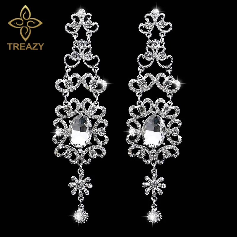 

TREAZY Luxurious Silver Color Crystal Rhinestone Bridal Earrings Imitation Gemstone Long Earrings for Women Costume Jewelry Gift