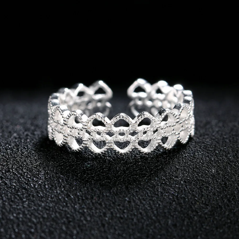 Double Fair Creative Lace Heart Design 100% 925 Sterling Silver Rings S925 Adjustable Open Ring For Women Party Gift DFRY025