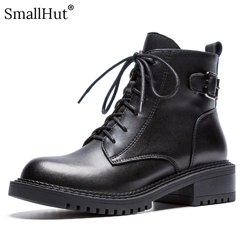 

Square heel Boots Genuine Cow Leather Women Autumn Winter Solid New Ladies E132 Fashion Woman Black Cross-tied Round Toe Boots