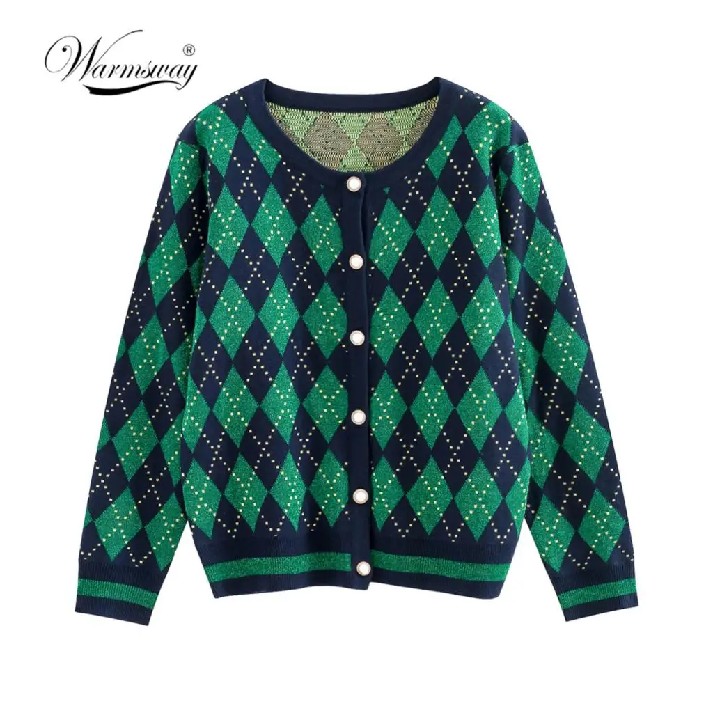 High Quality Round Neck lurex wool Coat Women Slim Short Jacket Fashion Female Outwear argyle Knitted Jumper Cardigan  C-222