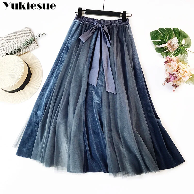 

Long Tulle Skirt Women 2019 Spring Summer Gradient Korean Elegant High Waist A-line Pleated School Midi Skirt Female skirts