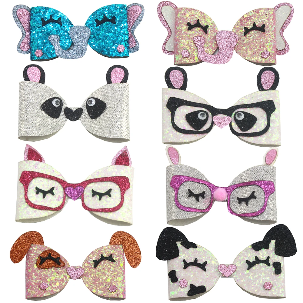 

3.5'' Princess Lovely Hair Bows For Girls Animals Glitter Hair Clip Eyebrow Print
