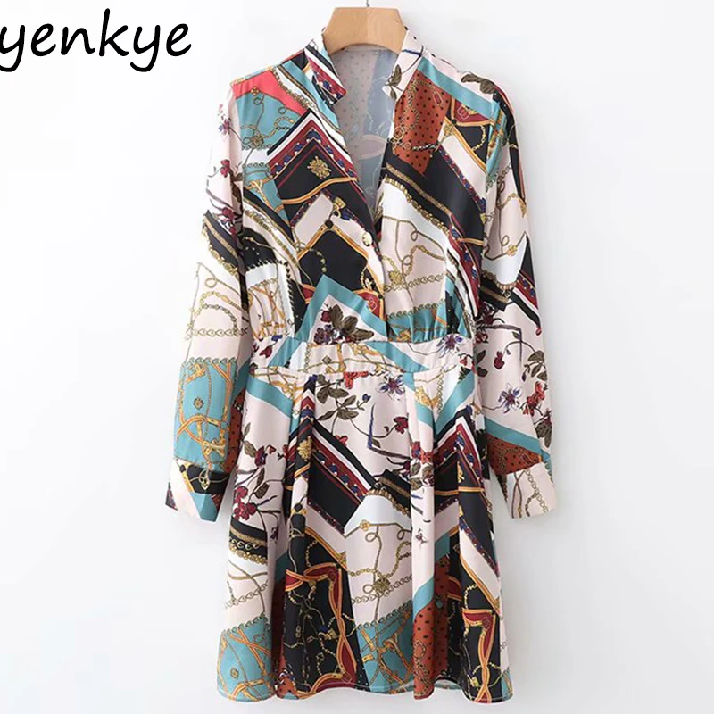 

Women Vintage Patchwork Chain Print Dress Lady V Neck Long Sleeve Gathered Seam Waist A-line Mini Casual Dress Tunic XDWM1648