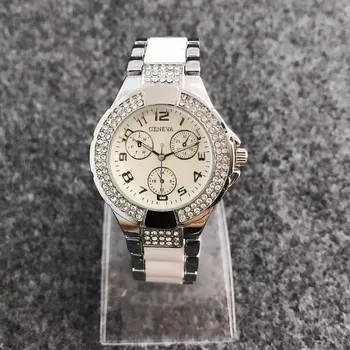 

Elegant Diamonds Case Women's Watches Contena luxury Brand Silver band diamonds White Ceramic Ladies Quartz-Watches Relogio Gift