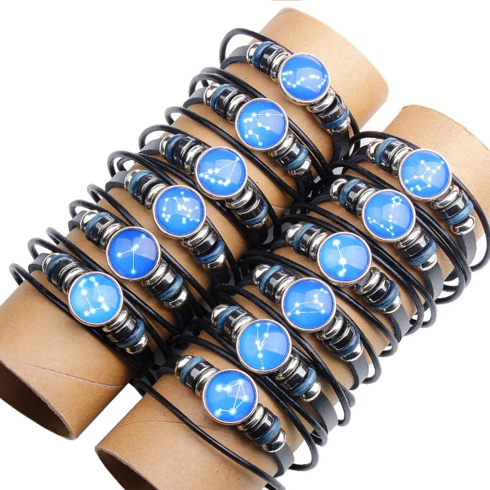 

12pcs/set 12 Constellations Multilayer Leather Bracelet Men Women Horoscope Couple Accessories Birthday Gift 2019