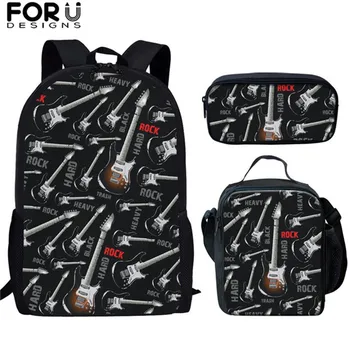 

FORUDESIGNS 2019 School Bags Black Electric Guitar Print Children's 3Set/pcs Cartoon Schoolbags Kid Backpack For Teen Boys Girls