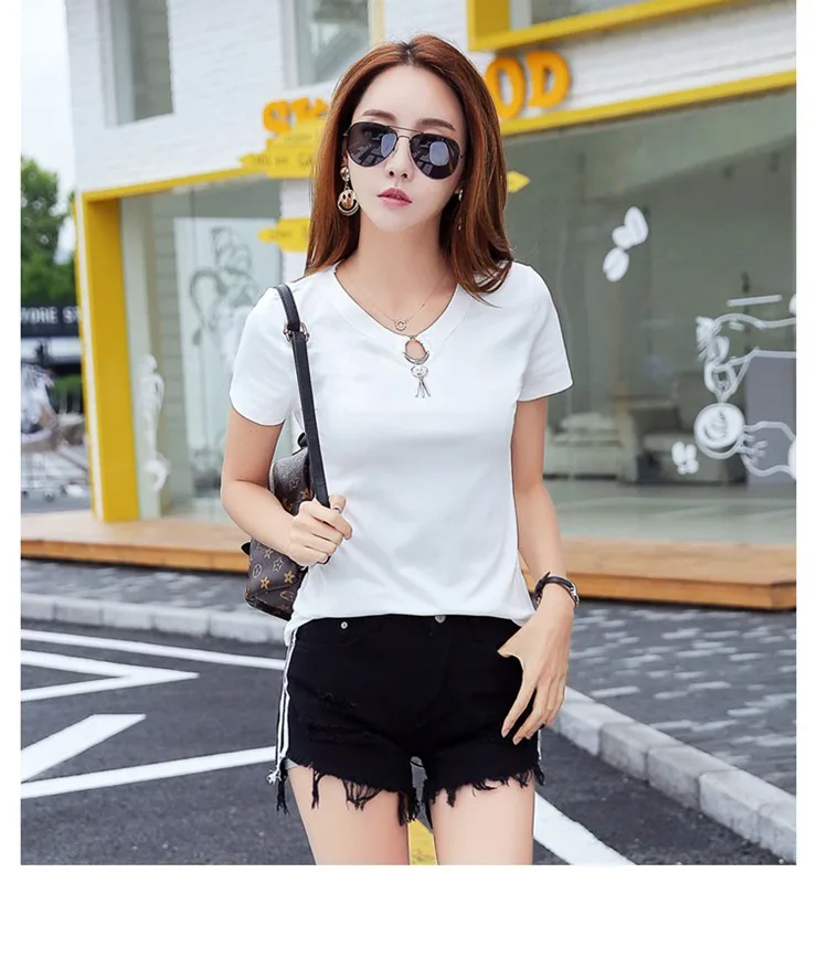 Summer T-shirts For Women 2018 Korean Fashion Tops Tees Female Hole V-neck Tshirt Lady Casual Short Sleeve Poleras Mujer  (7)