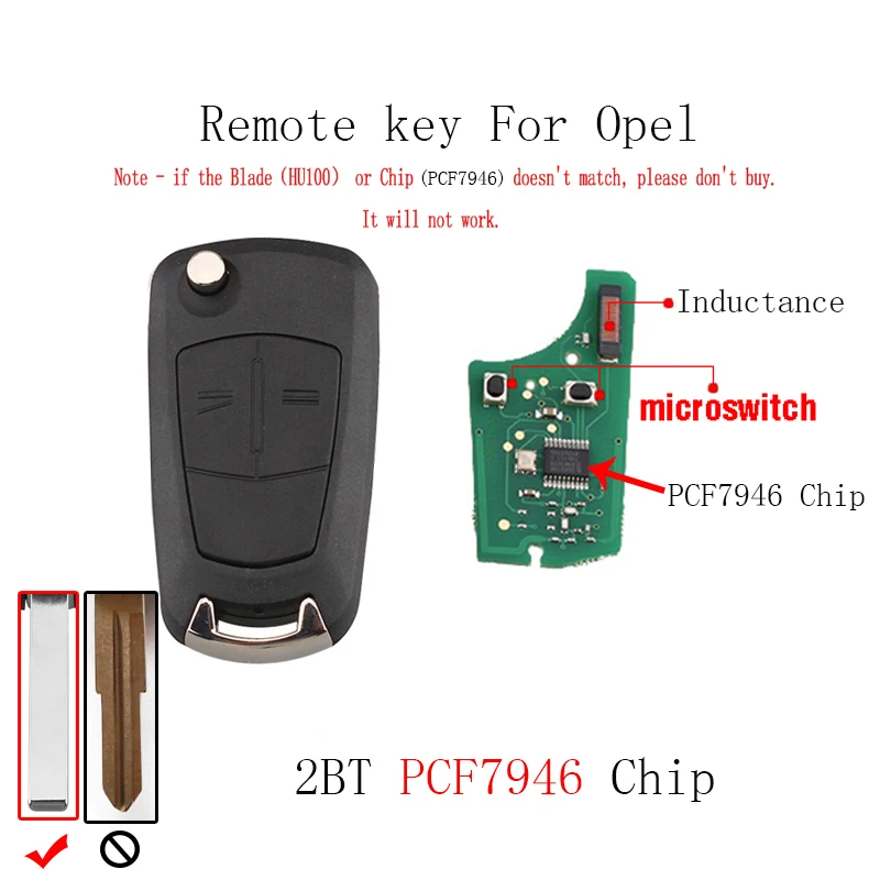 

2Buttons PCF7946 Transponder Chip Remote key For Vauxhall Opel Corsa D 2007 2008 2009 2010 2011 2012 HU100 Blade Car key