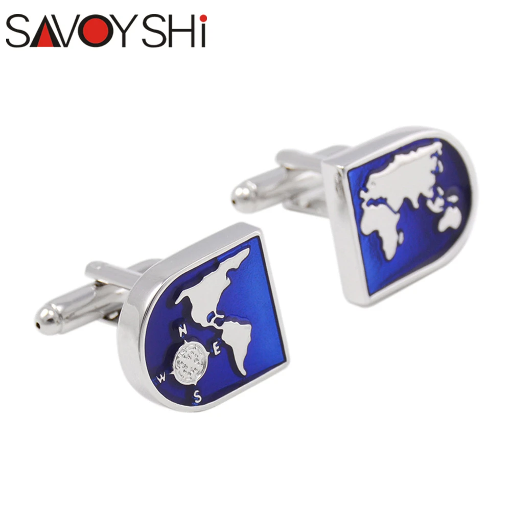 SAVOYSHI 1 пара серебристые Синие запонки мужские рубашки рукава карта мира шаблон