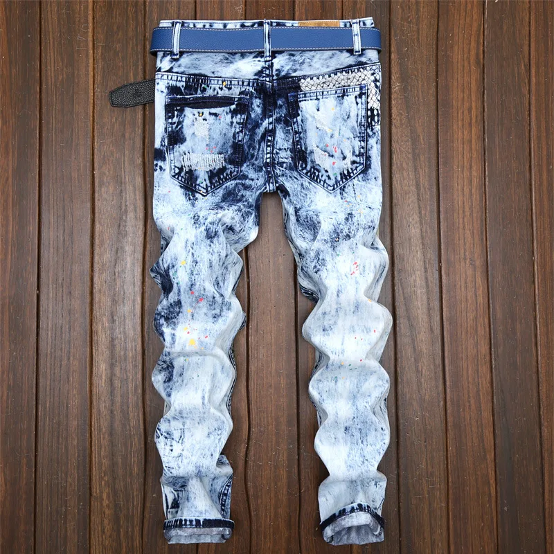 Мужские Модные Винтажные потертые рваные байкерские джинсы тонкие прямые Стрейчевые джинсовые брюки рок-звезда потертые джинсы плюс
