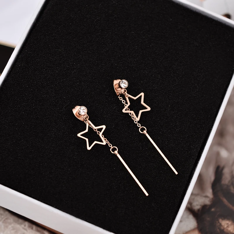 

YUN RUO Rose Gold Color Fashion Star Zircon Taeesl Stud Earrings Woman Party Girl Gift 316 L Stainless Steel Fashion Jewelry Hot