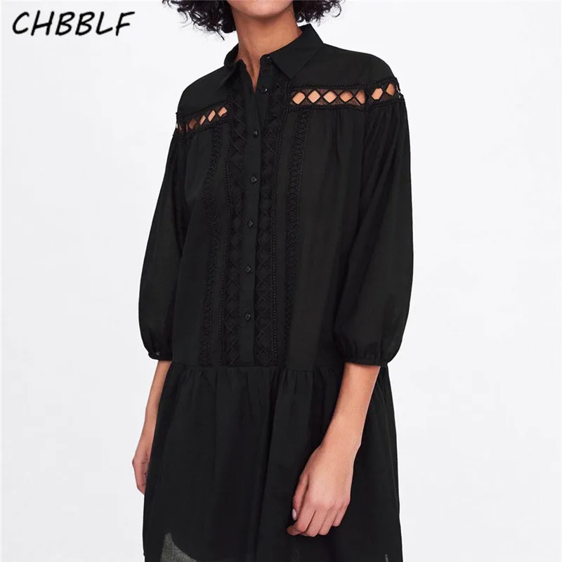 

CHBBLF women hollow out Poplin dress three quarter sleeve female casual loose dress chic black mini vestido NJN1322
