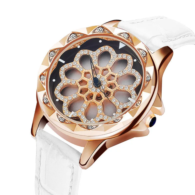 

Full Diamond Rose Gold Watch Rotating Woman Quartz Watch Ladies Fashion Watches Leather Waterproof Clock Top Brand Luxury Table