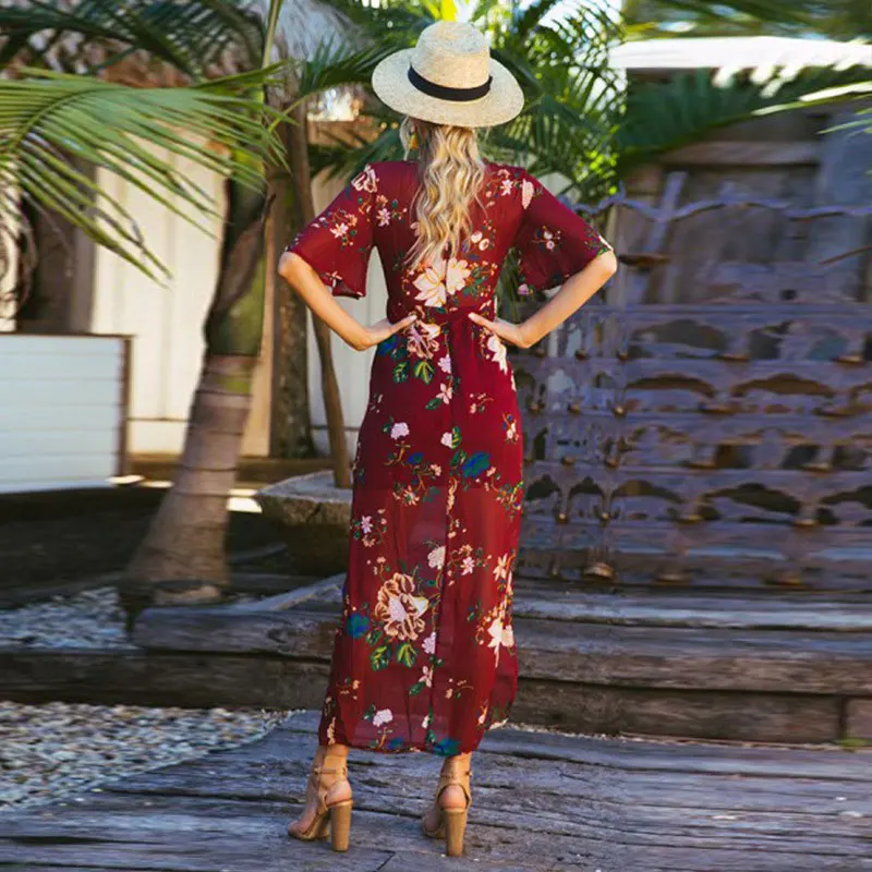 JSMY 2019 New Summer Beach Dress Fashion Women Bohemian Style Sexy V-neck Printing Chiffon Split Irregular Swallowtail Dress