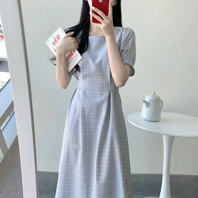 Vintage Dresses Hot Sales Woman Summer Short Sleeve Cute Sweet Korea Japan Style Design Blue Pink lattice Plaid Dress 6815