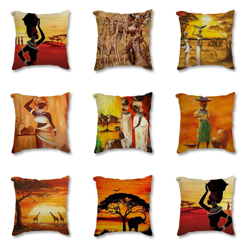 

Africa Painting Art African Impression Exotic Decoration Style Sofa Throw Pillow Cover Cotton Linen Decorative Cushion Cover