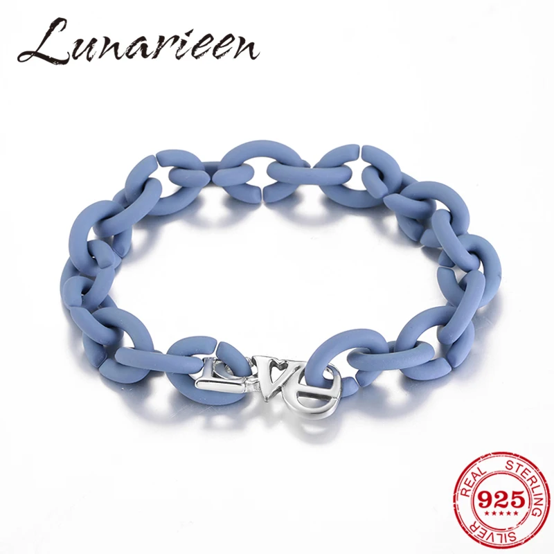 Fashion Ocean Blue Hard Rubber Bracelets for girls 925 Silver Love charms beads European style Jewellery Women Mens bracelets