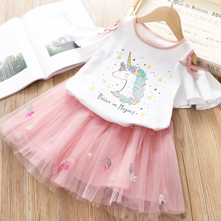 Комплект одежды для девочек; Милая Одежда для девочек; вечерние футболки с принтом единорога+ юбка; комплект из 2 предметов; повседневная детская одежда - Цвет: unicorn-3