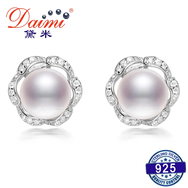 

DAIMI Trendy Flower Earrings 8-9mm Flat Round Pearl Earrings Sterling Silver Jewelry Shiny Crystal Earrings