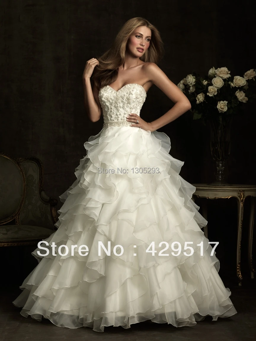 2015Free shipping beautiful Ruffled Sweetheart Ball Gown Beaded Applique Organza Bridal Wedding Gowns | Свадьбы и торжества
