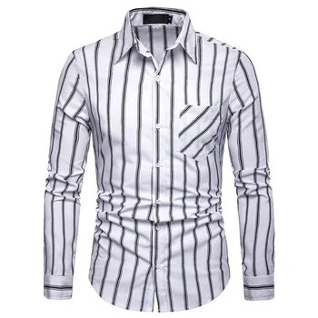 

Men's Hipster White Striped Dress Shirts Casual Slim Fit Long Sleeve Men Social Shirt Business Casual Shirt Male Chemise Homme