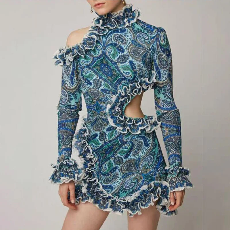 

2019 new sexy waist showing flower edge collar long sleeve wood ear edge patchwork irregular print dress