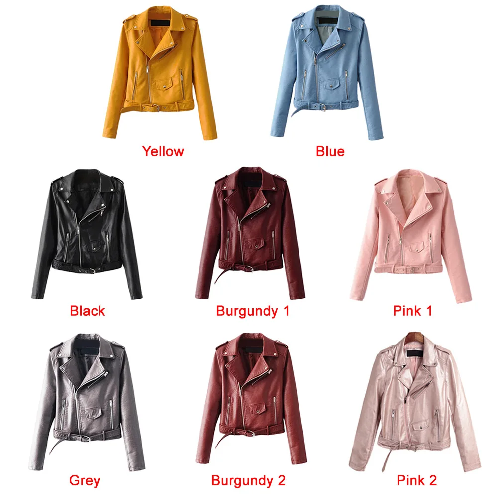 2017 Autumn Women Basic Coats Fashion PU Faux Leather Bomber Jacket Coat Zipper Belt Long Sleeves Basic Moto Jacket Outerwear
