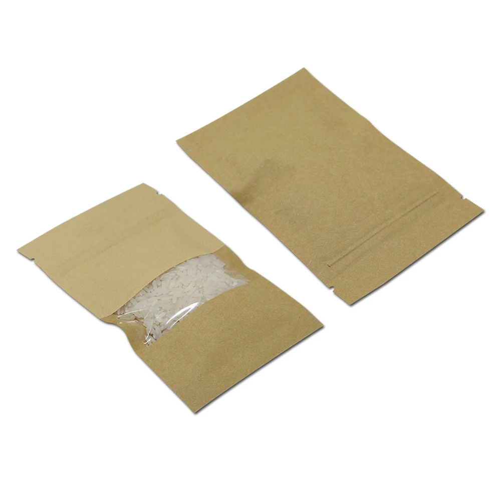 200Pcs/Lot Flat Brown Kraft Paper Zip Lock Bag With Clear Window