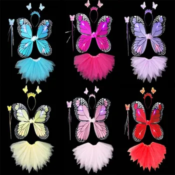 

LED Light Up Butterfly Wing Headband Fairy Wands Skirt Kids Princess Performance Cosplay Set Glow Party Christmas Halloween