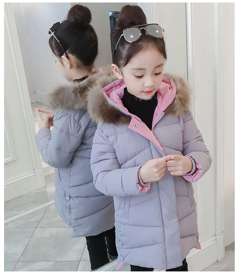 New 2018 Children Outwear Tops Winter Jacket For Girls Fashion Fur Hooded Thick Cotton-Padded Kids Long Coat Solid Parka Clothes (14)